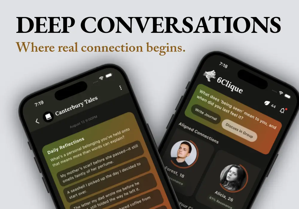 6Clique home screen showing meaningful connection social media app
